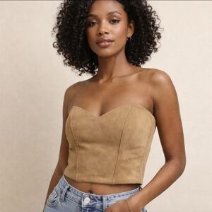 Tan Faux Suede Strapless Bustier Corset Top Zip Back